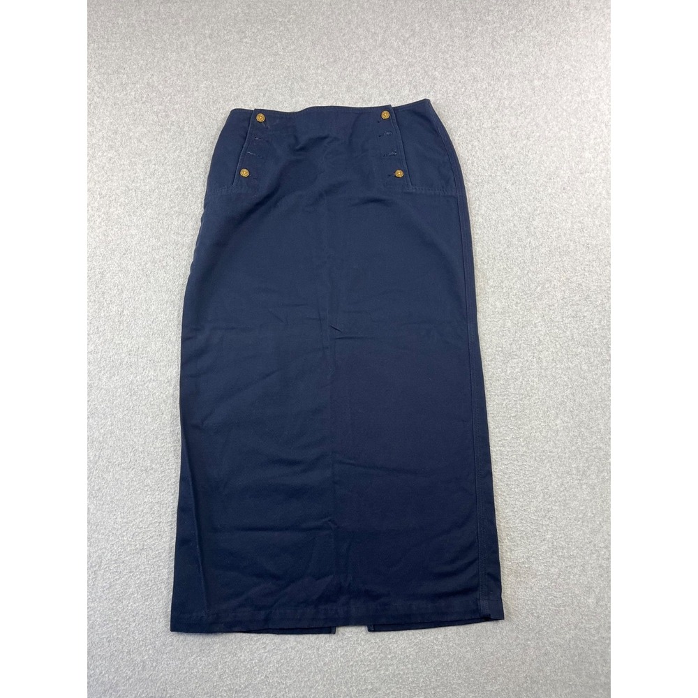 Lauren Ralph Lauren Maxi Skirt Womens 8 Navy Denim Nautical Gold Buttons Lace Up